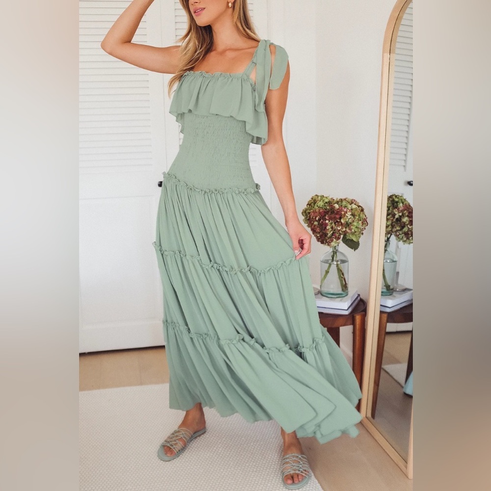 Lulus Like a Fairy Tale Sage Green Smocked Tie-Strap Tiered Maxi Dress Size S